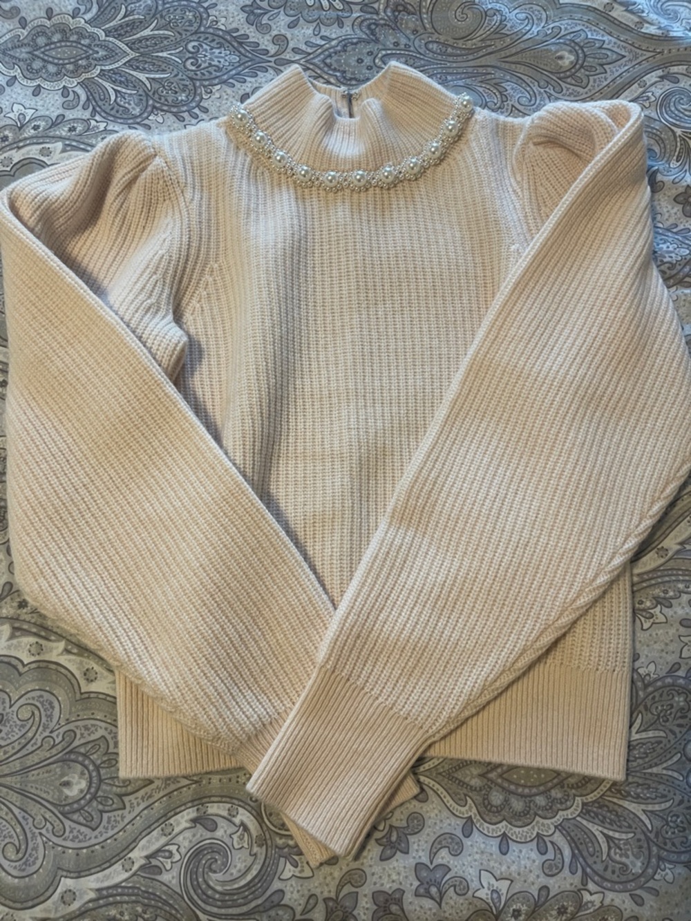 Sandro Cream Knit Turtleneck Sweater with Jeweled Collar - Picture 5 of 9